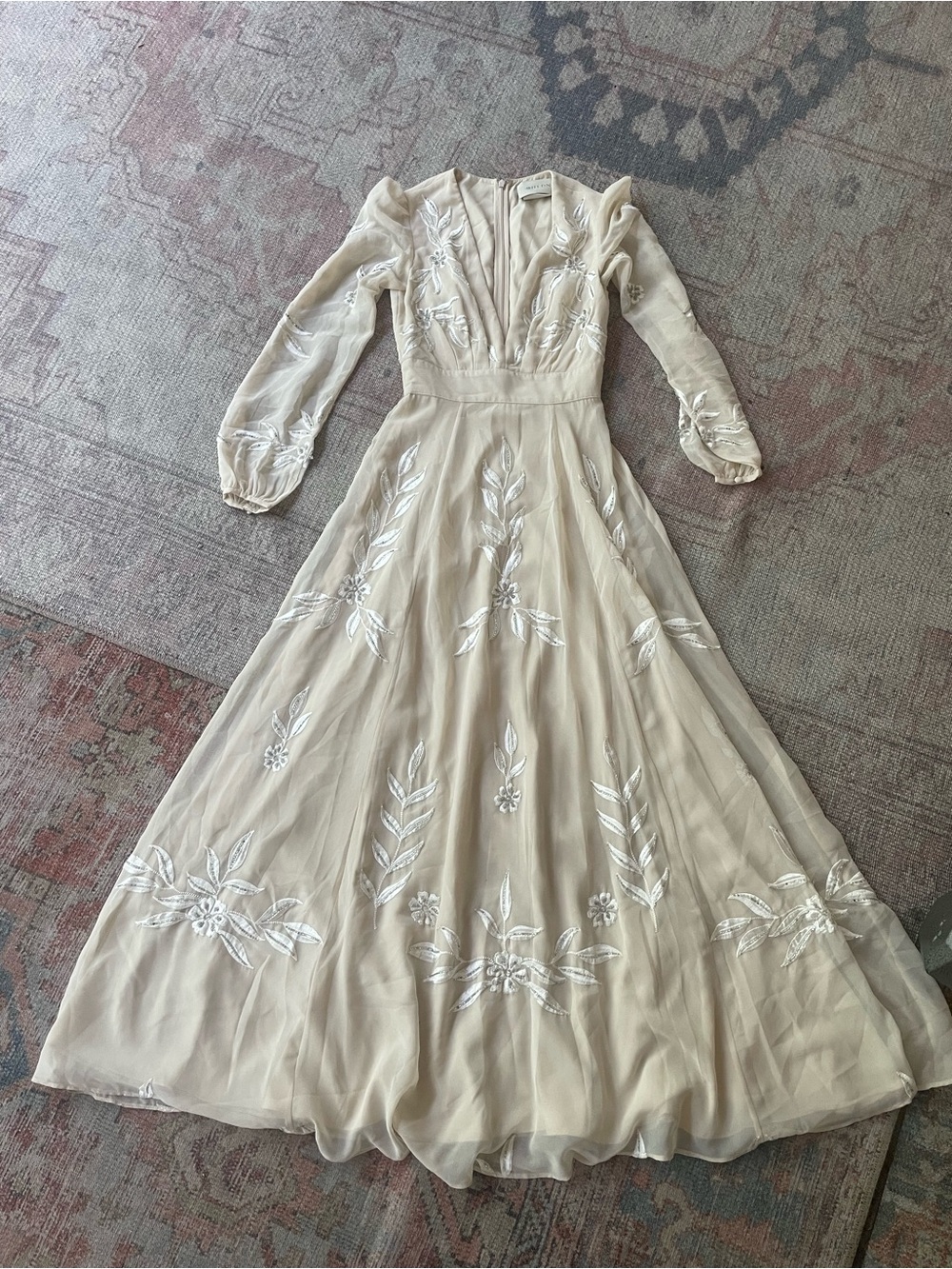 BHLDN Cream Embroidered V-Neck Maxi Dress